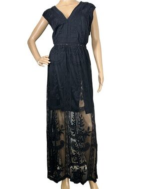A Beautiful Soul Black Embroidered V-Neck Maxi Dress Sheer 1X
